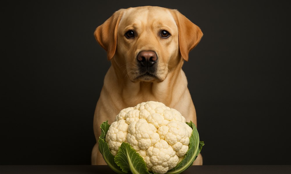 Un très beau chien de race labrador est au centre de l'image, en second plan. Devant lui se trouve un légume chou fleur. Le chien regarde l'objectif. Le fond est noir.