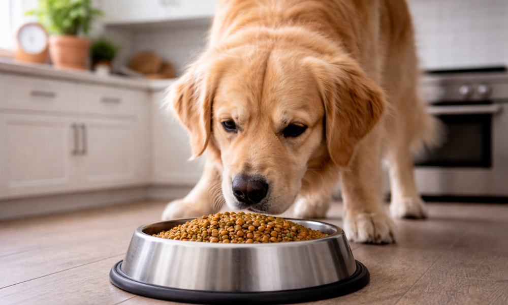 Golden retriever mangeant des lentilles dans une gamelle en inox sur le sol d'une cuisine moderne