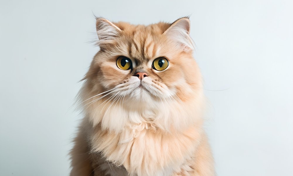 Un chat de race persan est au centre de l'image. Le félin de race aux poils longs regarde l'objectif.