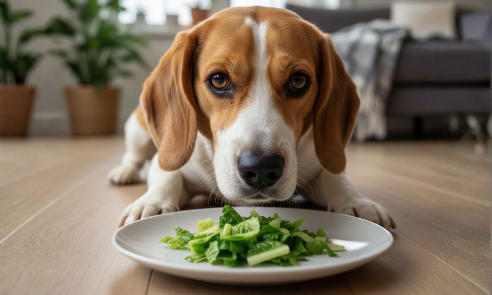 Beagle observant une assiette de salade pour les chiens finement hachée posée sur parquet en bois dans un intérieur moderne