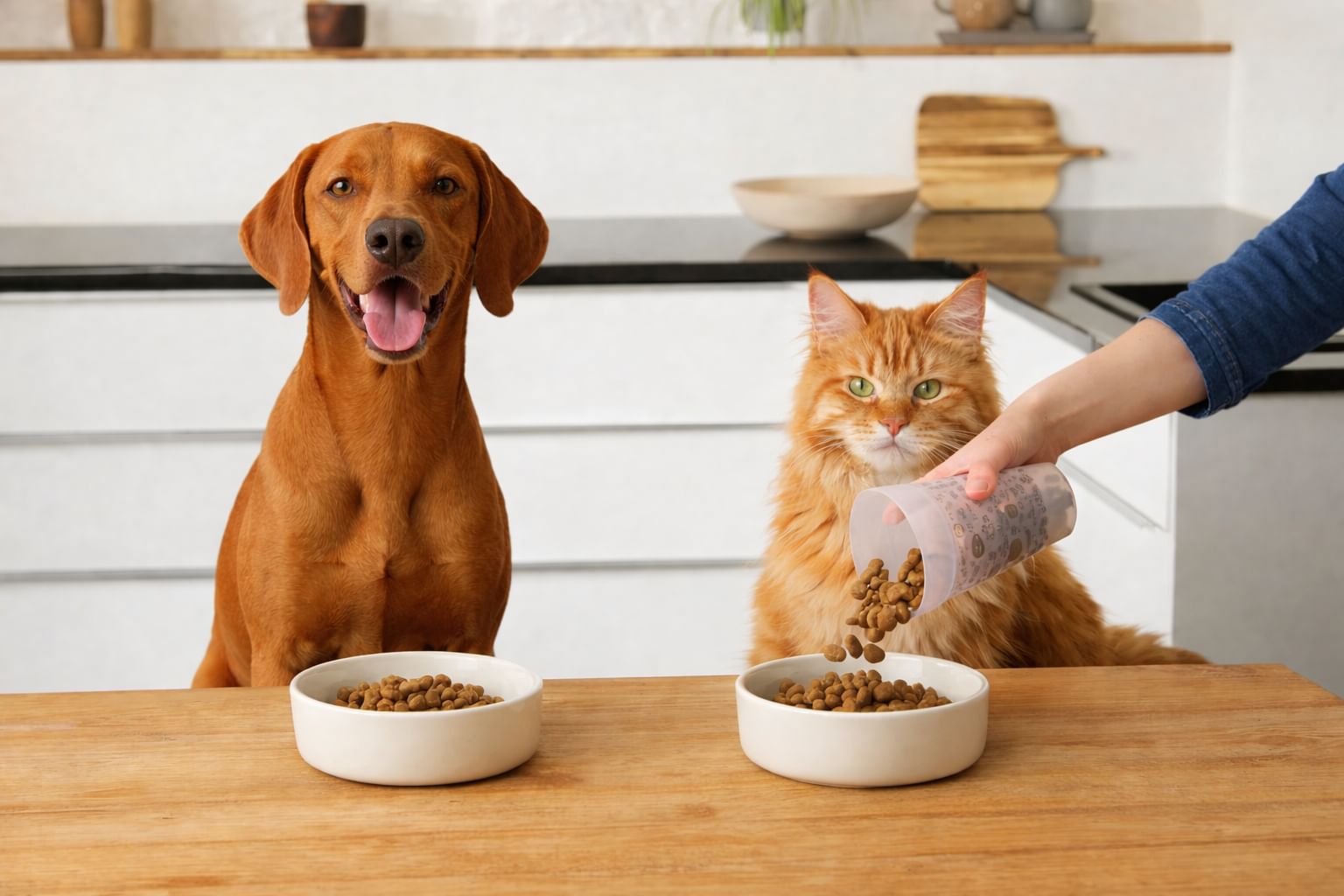 Abonnement croquettes chien et chat braque hongrois et chat tigré orange assis devant leurs gamelles blanches pendant que leur maître leur sert des croquettes dans une cuisine moderne