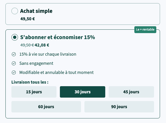 Capture d'écran du widget d'abonnement Stan.bio permettant de s'abonner et économiser 15% sur chaque livraison, avec choix de fréquence tous les 15, 30, 45, 60 ou 90 jours, sans engagement