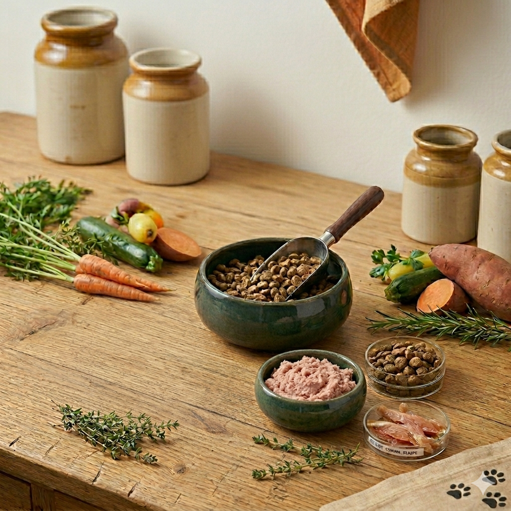 Ingrédients croquettes Stan Bio avec bol de croquettes bio carottes patate douce courgette thym romarin et viande fraîche sur table en bois rustique