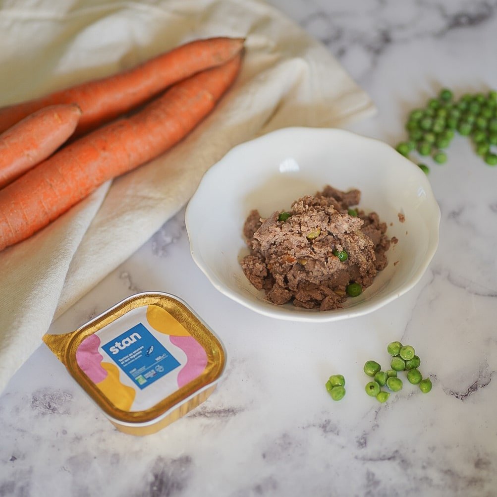 La recette de pâtée pour chat saveur saumon est décomposée en image. Au centre se trouve un bol rempli de cette pâtée, avec la boite juste en dessous. À coté se trouvent des carottes et des petits pois.