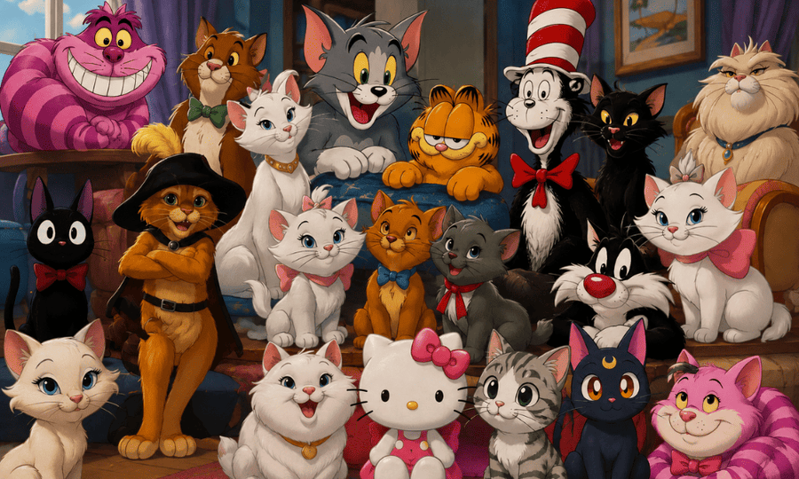 Illustration d'un groupe de chats de dessin animé célèbres réunis, dont le Chat Cheshire, Garfield, Hello Kitty, le Chat Potté, Sylvestre, Jiji, Marie, et bien d'autres personnages iconiques