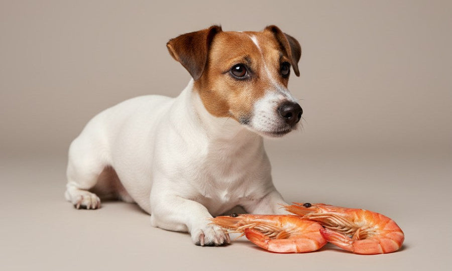 Un beau chien de race Jack Russell est allongé au centre de l'image. Devant lui se trouvent deux crevettes. Il regarde sur la droite au dessus de la crevette.