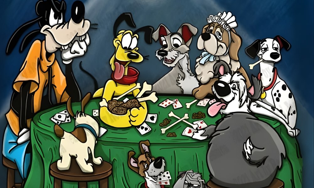 Fan art chiens Disney autour d'une table de poker avec Dingo, Pluto et le Clochard, Nana, Pongo, Petit Frère, Roublard, dans une scène humoristique