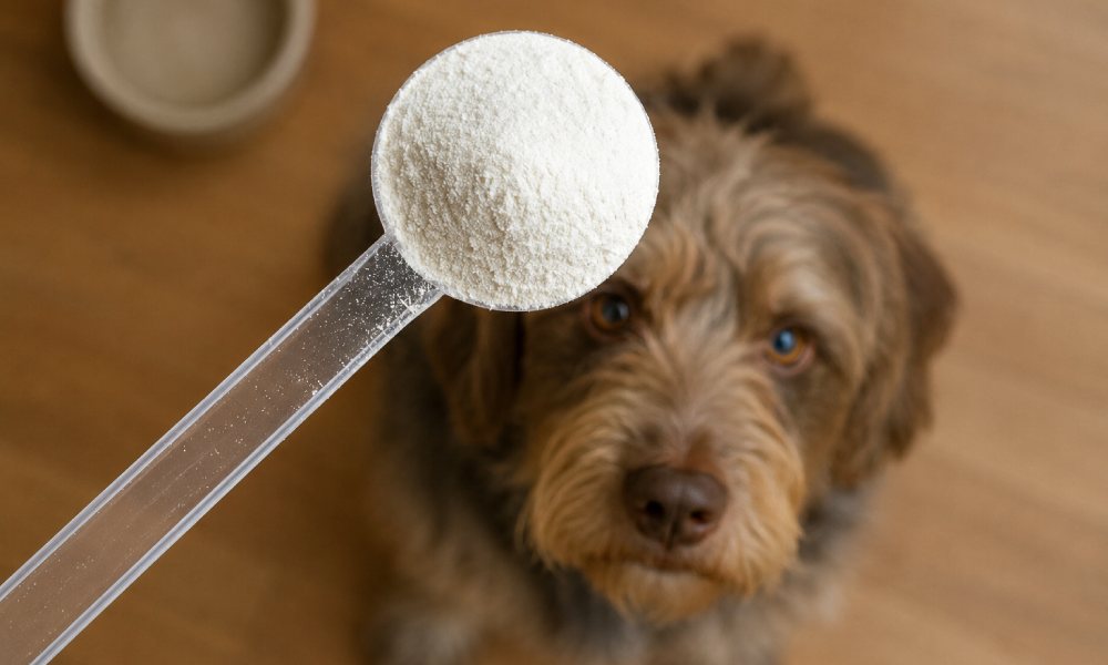 Cuillère doseuse de collagène pour chien en gros plan au premier plan avec un petit chien brun aux yeux expressifs en arrière-plan flou