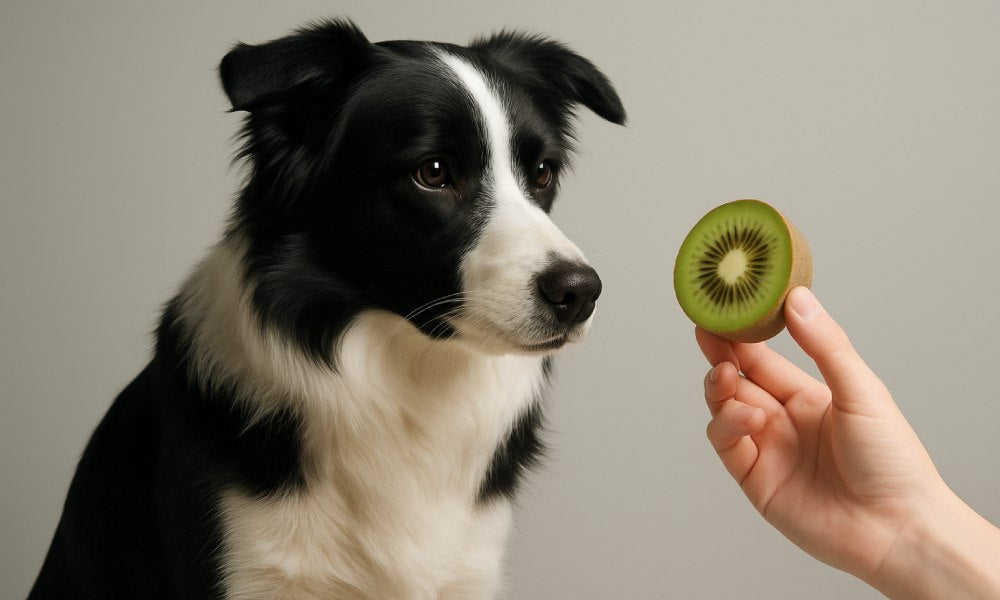 Un magnifique chien noir et blanc est au centre de l'image. ll regarde vers la droite de l'image où se trouve une main qui donne un kiwi coupé en deux à manger. Le fond est gris.