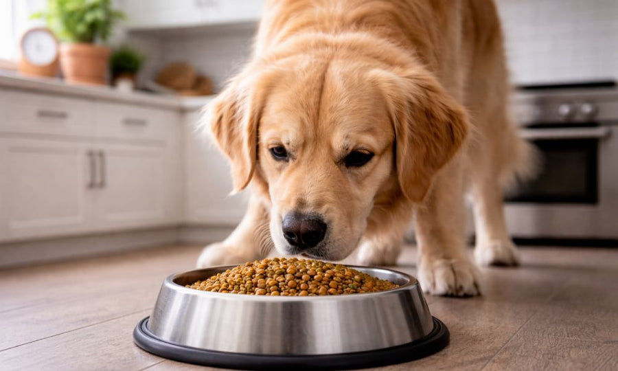 Golden retriever mangeant des lentilles dans une gamelle en inox sur le sol d'une cuisine moderne