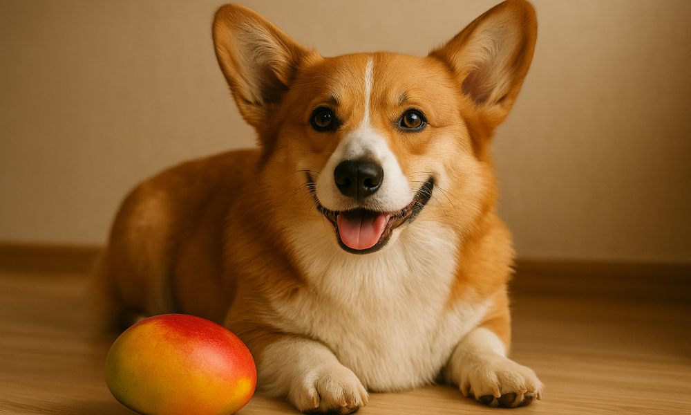 Un très beau chien de race Corgi est allongé sur le sol au centre de l'image. Le chien regarde l'objectif, une mangue se trouve à ses pattes.