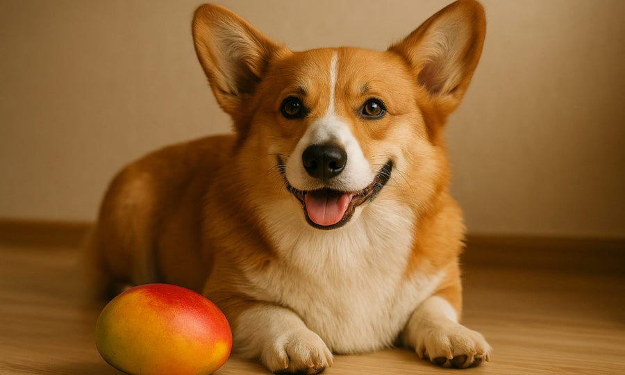 Un très beau chien de race Corgi est allongé sur le sol au centre de l'image. Le chien regarde l'objectif, une mangue se trouve à ses pattes.