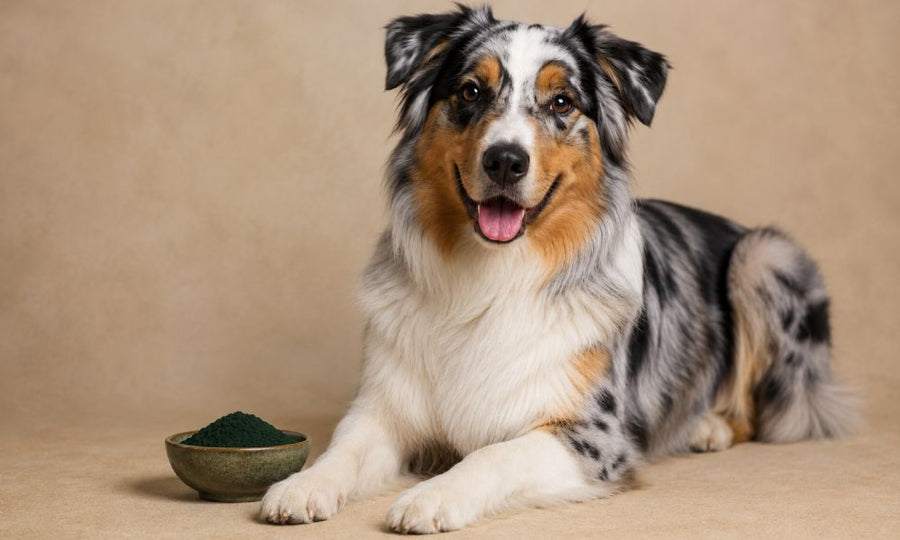 Berger australien merle tricolore couché sur fond beige, langue tirée, avec un bol de spiruline en poudre posé à côté de lui