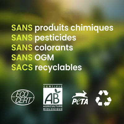 Un texte au centre de l’image explique que les produits de la marque Stan bio et Félichef BIO sont sans produits chimiques et issus de l’agriculture biologique. Des logos bio sont en dessous.