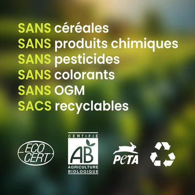 Un texte au centre de l’image explique que les produits de la marque stan bio sont sans produits chimiques et issus de l’agriculture biologique. Des logos bio sont en dessous.
