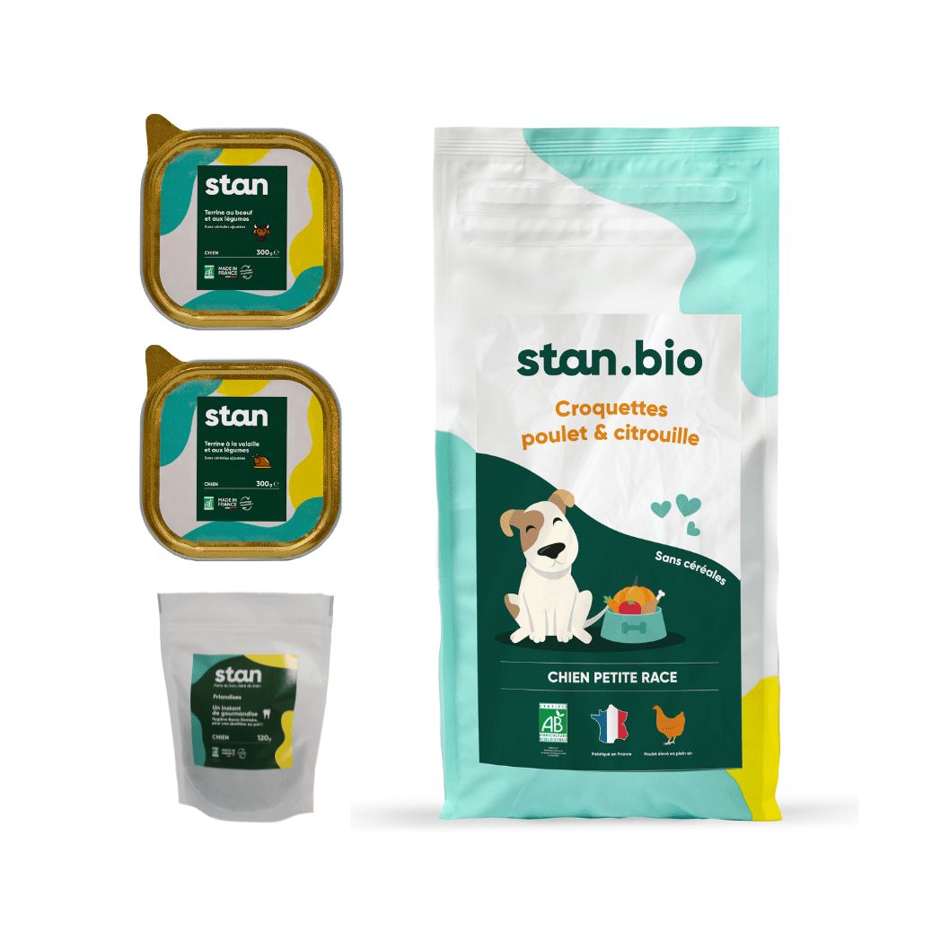 Les produits d'une box découverte d’alimentation bio pour chien pr (petite race) sont au centre de l’image. On y voit des croquettes sans céréales (2 kg), deux pâtées et un sac de friandises naturelles.