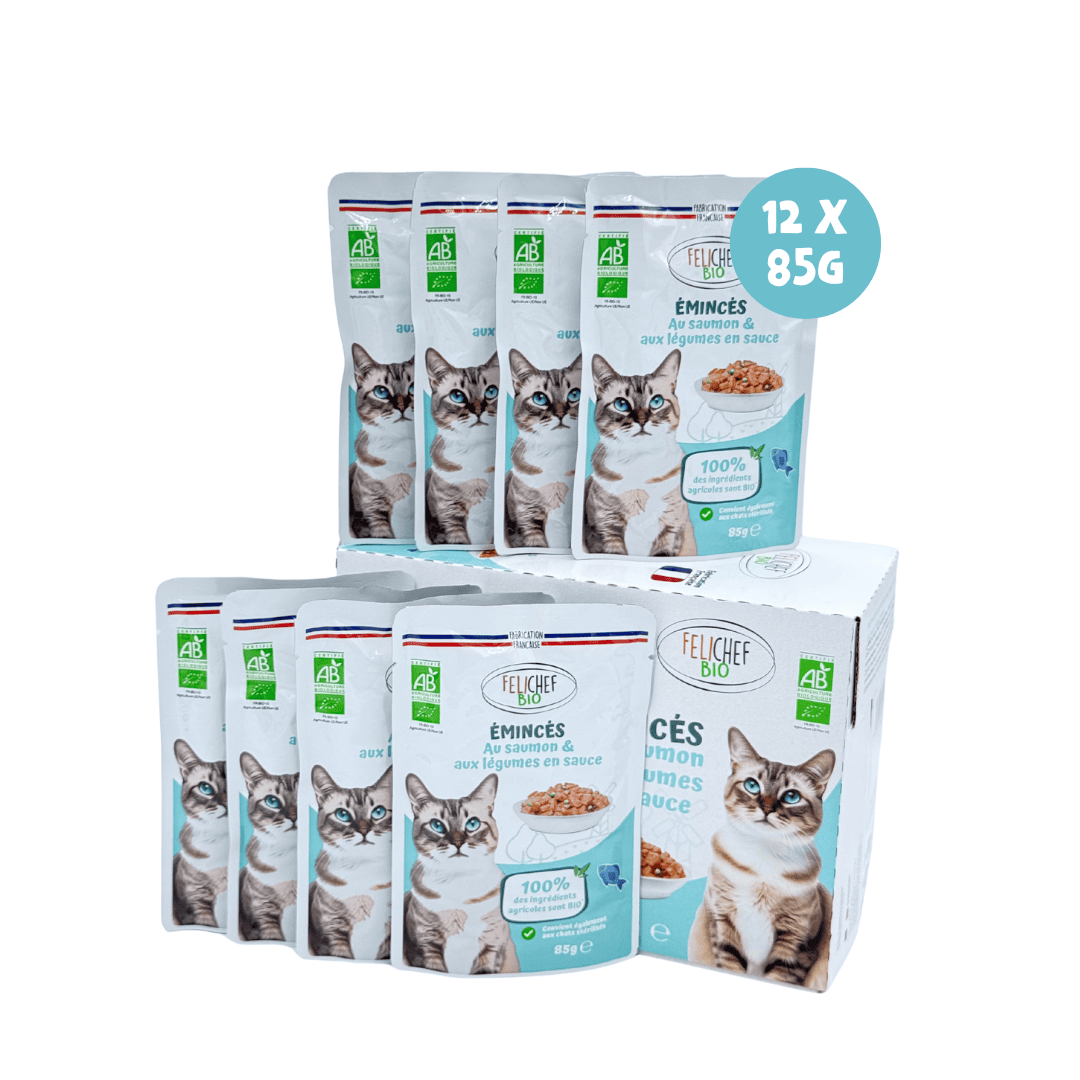 Un pack d'émincés en sauce pour chat saveur saumon est au centre de l'image. Les sachets d’émincés en sauce sont devant et sur le carton. Il est précisé qu'il y a 12 sachets de 85 grammes avec une pastille bleu turquoise.
