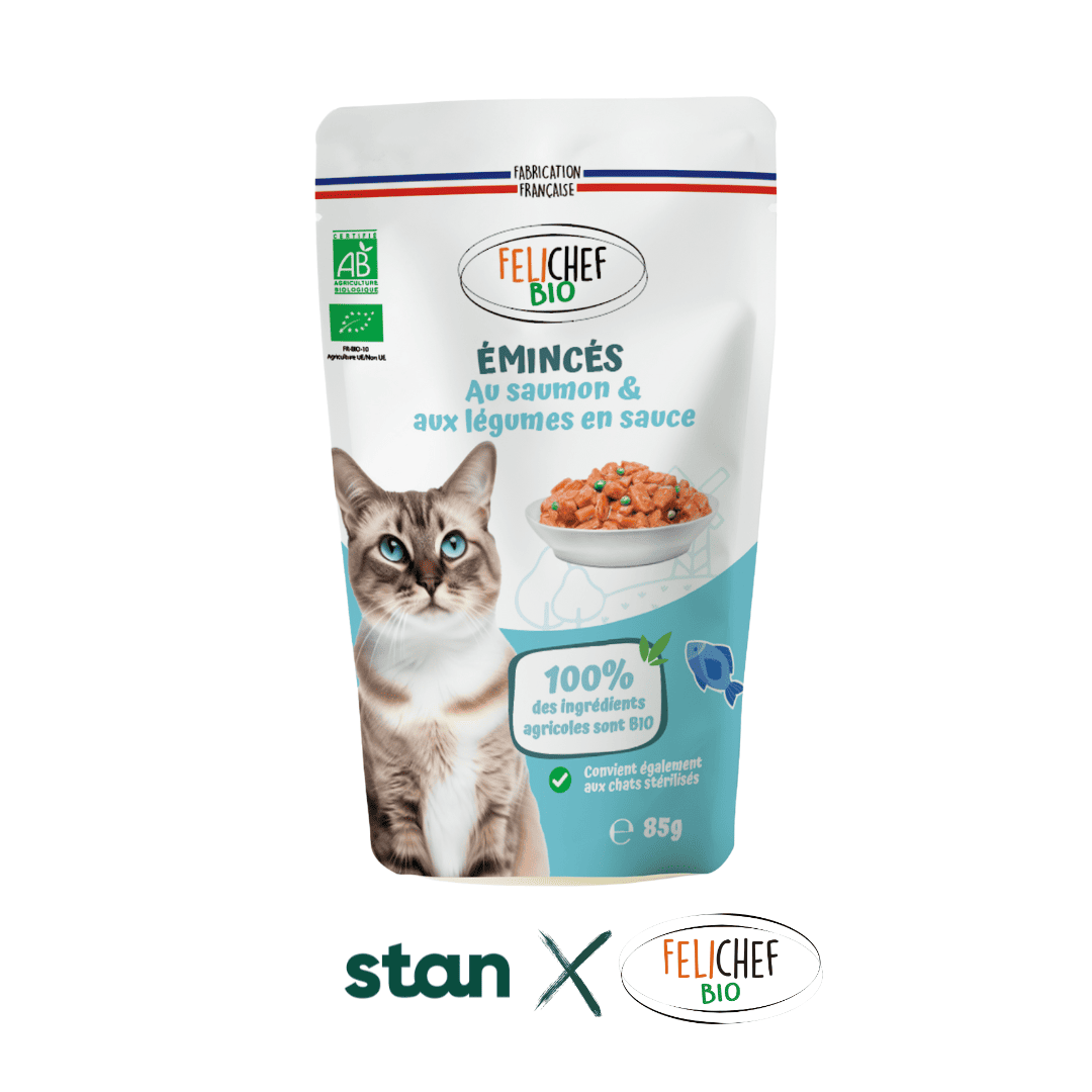 Un sachet d’émincés en sauce bio et naturel pour chat est au centre de l’image. Les émincés sont saveur saumon et font 85 grammes. En dessous du sachet se trouve les deux logos de la collaboration produit, ceux de Stan.bio et de Félichef BIO