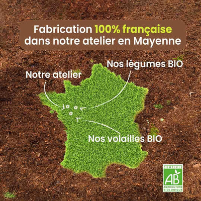 Les produits de la marque Stan bio sont made in France. Une carte de la France en herbe est au centre, montrant l’usine, les élevages et les légumes bio.