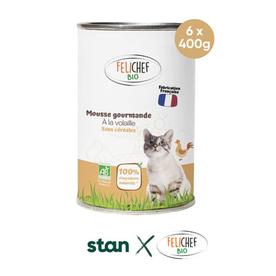 Une pâtée pour chat saveur truite est au centre de l'image. Les logo de Stan et Félichef bio sont en dessous pour indiquer la collaboration entre les deux marques. Une pas pastille jaune indique qu'il y a 6 pâtées. Le fond est blanc.