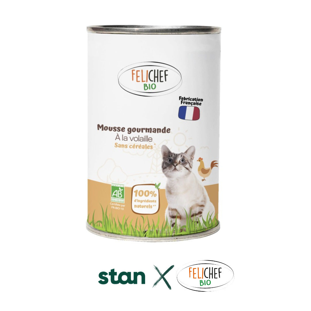 Une pâtée pour chat saveur truite est au centre de l'image. Les logo de Stan et Félichef bio sont en dessous pour indiquer la collaboration entre les deux marques. Le fond est blanc.