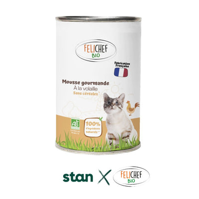Une pâtée pour chat saveur truite est au centre de l'image. Les logo de Stan et Félichef bio sont en dessous pour indiquer la collaboration entre les deux marques. Le fond est blanc.