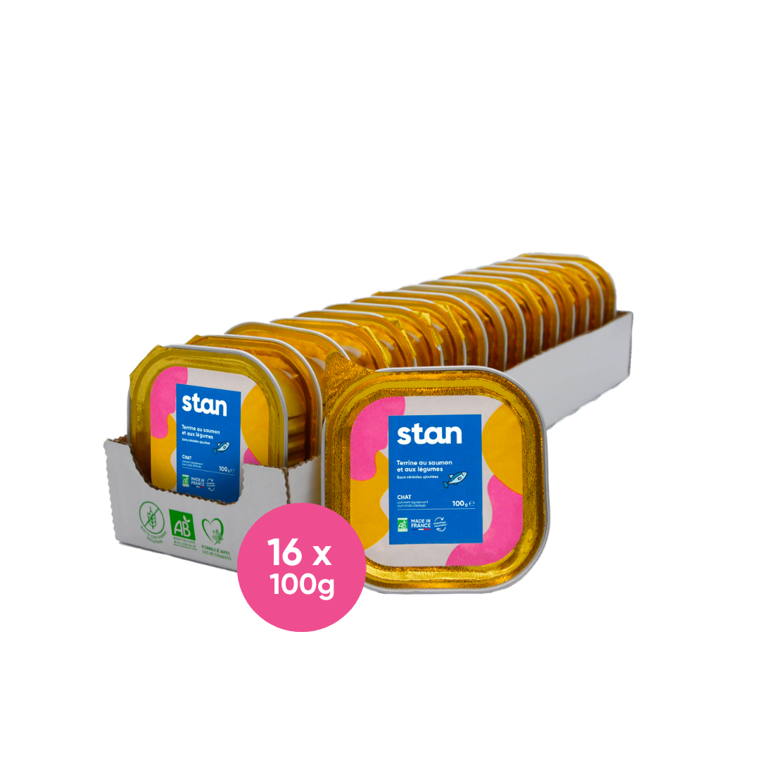 Un pack de pâtées sans céréales pour chat bio saveur saumon est au centre de l'image. Une seule boîte de terrine pour chat est à côté du pack. Il est indiqué qu'il y a 16 boîtes de 100 grammes.