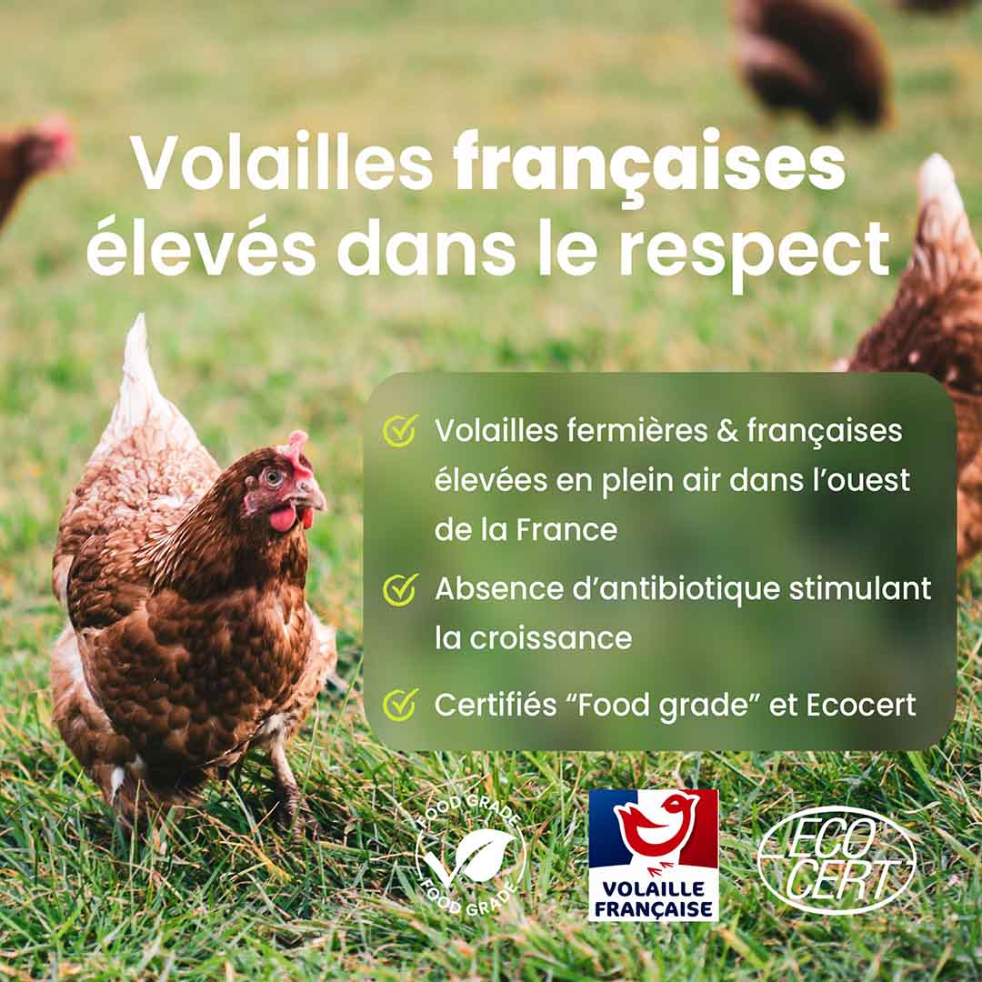 Les produits Stan.bio sont dans le respect du bien être animal des animaux élevés. Un poulet est sur le gauche et à sa droite se trouvent un texte. Des logos se trouvent en dessous du tête.