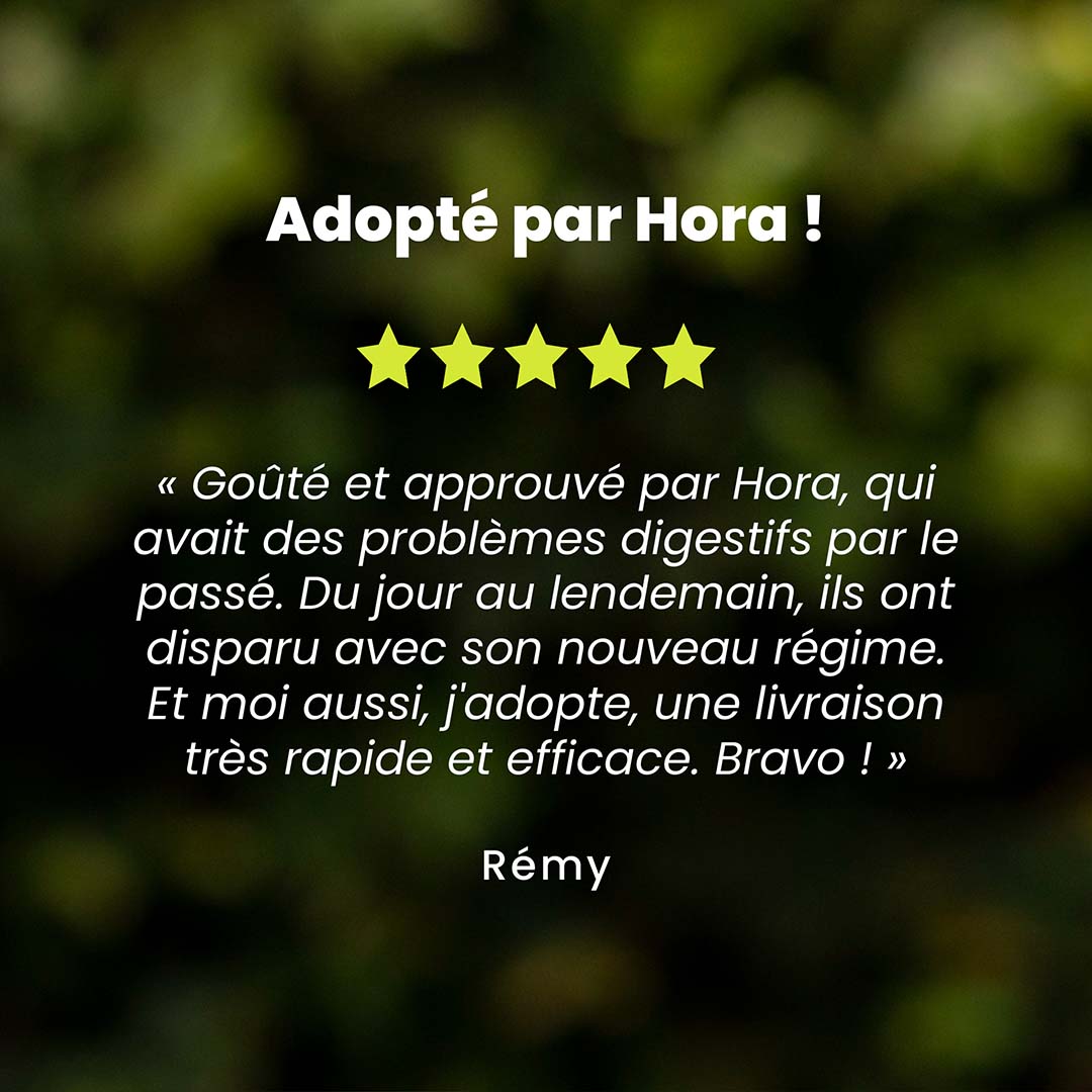 Un témoignage client pour les croquettes chien de petite race saveur petits pois est au centre de l’image. Des étoiles sont au dessus du témoignage et le nom du client en dessous.
