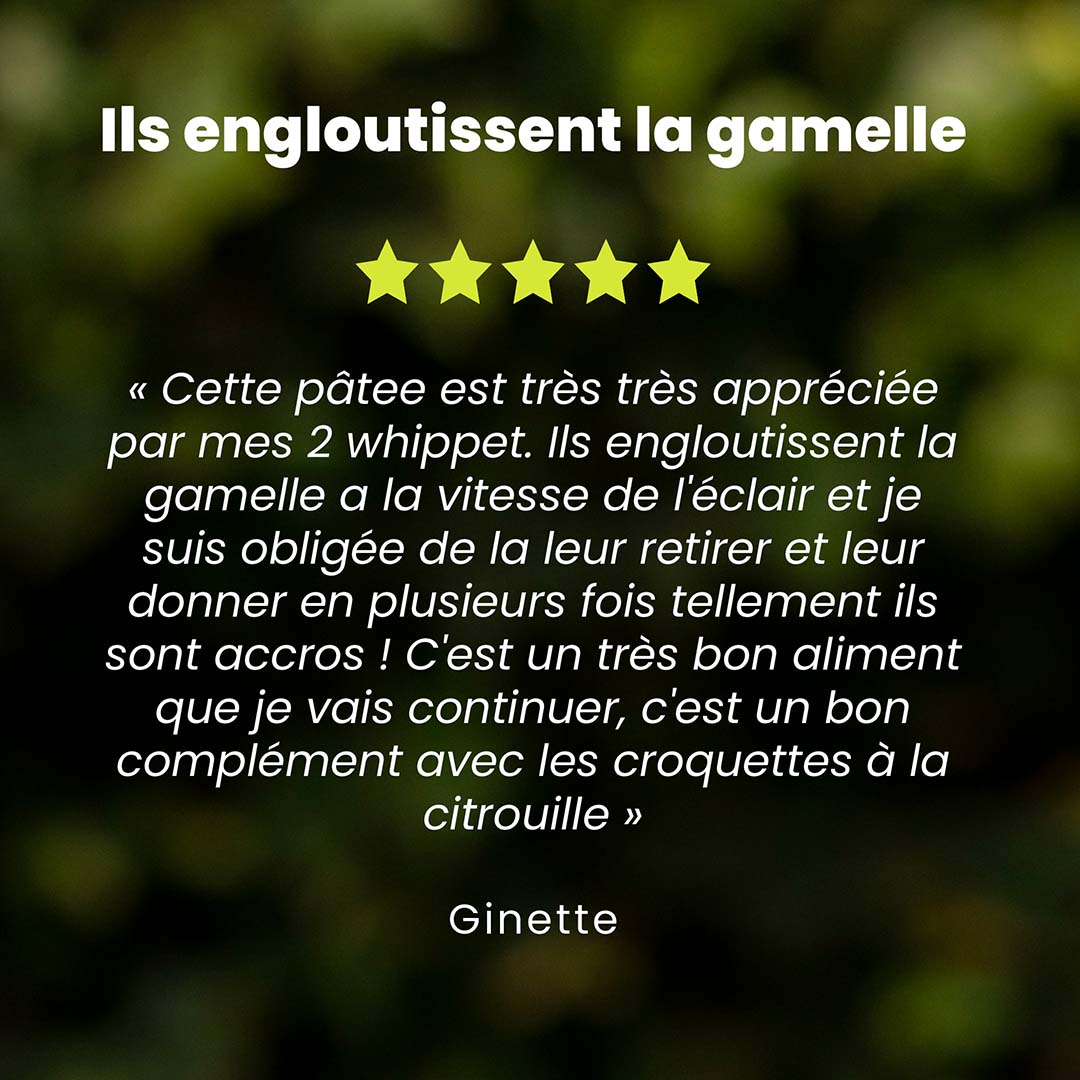 Un témoignage client pour les croquettes sans céréales chiot saveur poulet et petits pois est au centre de l’image. Des étoiles sont au dessus du témoignage et le nom du client en dessous.