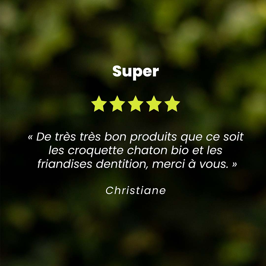 Un témoignage client pour des friandises chat qui aident à maintenir une bonne hygiène bucco-dentaire est au centre de l’image. Des étoiles sont au dessus du témoignage et le nom du client en dessous.