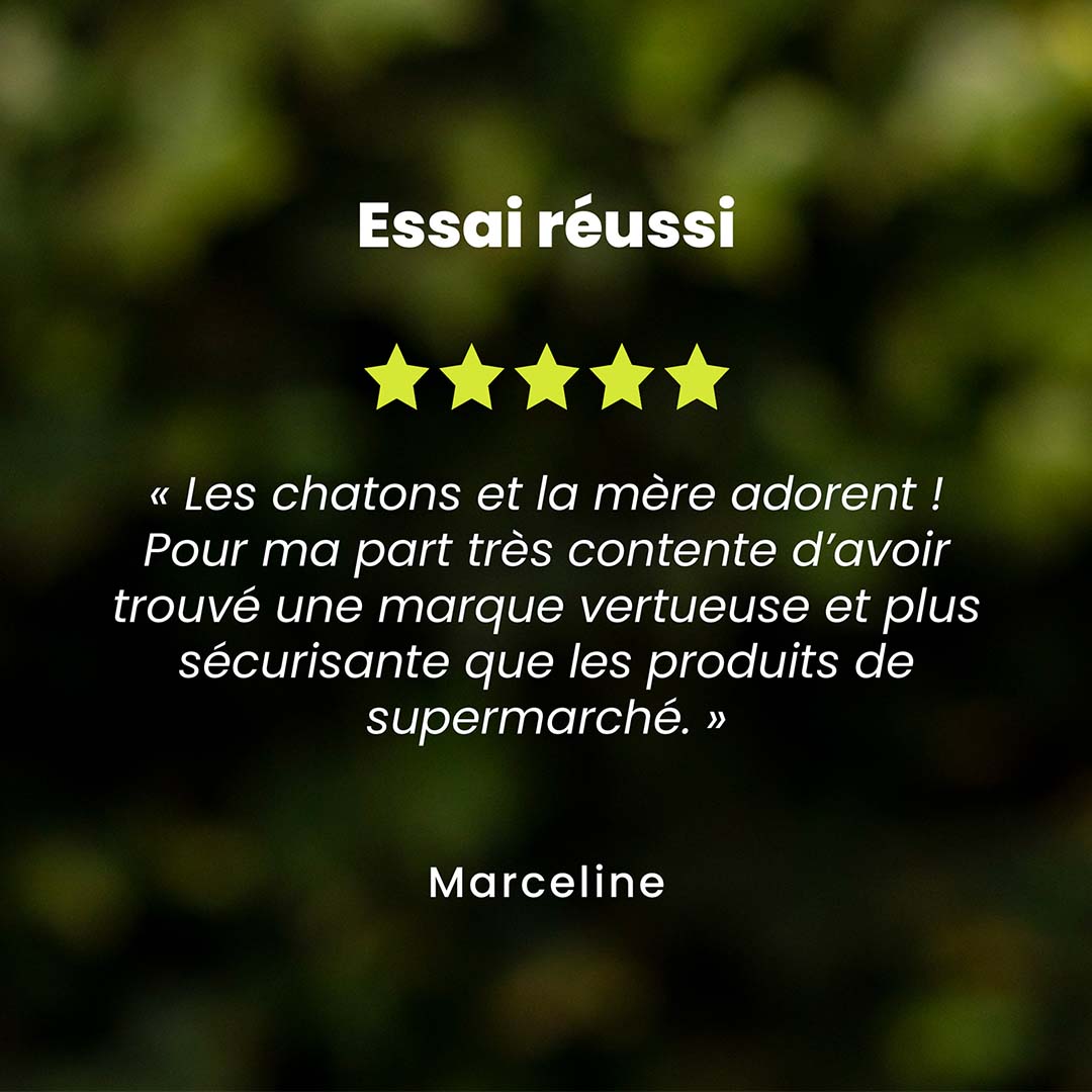 Un témoignage client pour des friandises chat saveur poisson est au centre de l’image. Des étoiles sont au dessus du témoignage et le nom du client en dessous.