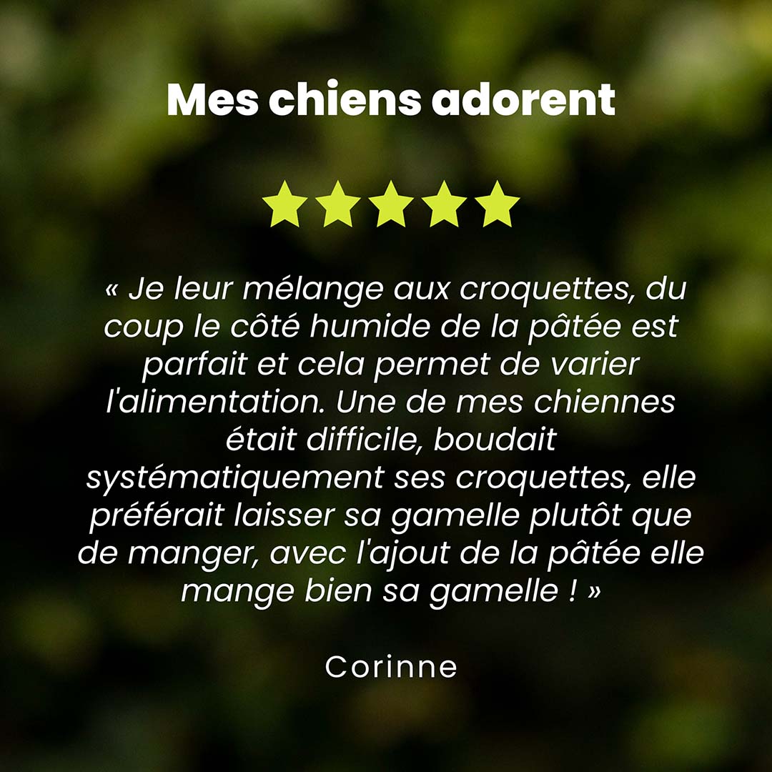 Un témoignage client pour la pâtée chien saveur volaille est au centre de l’image. Des étoiles sont au dessus du témoignage et le nom du client en dessous.